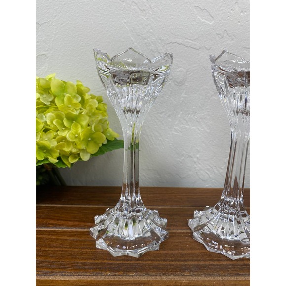 Set of 2 Vintage Gorham Crystal Clear Lotus Candlesticks  Vintage Pair of Gorham Crystal Lotus Candlestick Holders